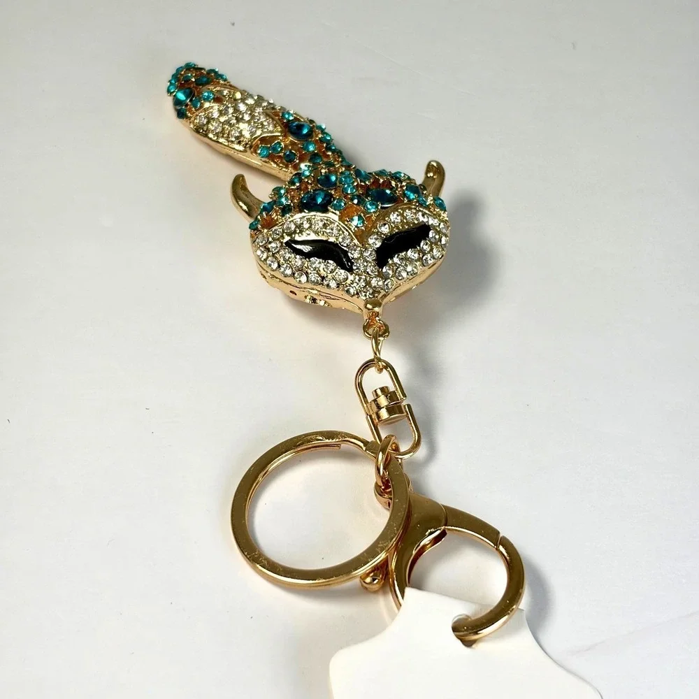 Boutique Fox Keychain Moving Tail Teal Rhinestone Gold Bling Bag Charm Y2K Gift‎